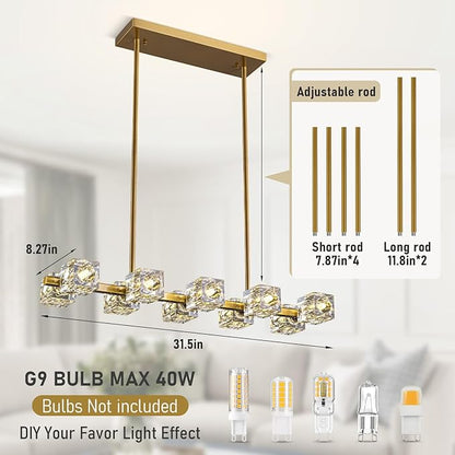 Modern Crystal Chandelier for Dining Room,Gold Pendant Lights Fixture with 10-Lights,Adjustable Height Hanging Ceiling Light for Kitchen Island,Bedroom,Over Table,Living Room