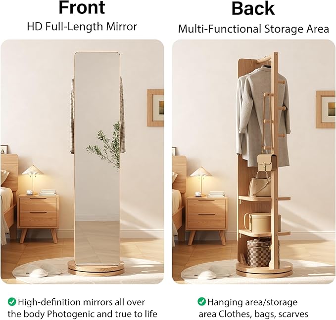 WoodsWhisper Full Length Mirror Coat Rack Solid Wood Floor Mirror 70"x16" Full Length Mirror with Stand Long Mirrors for Bedroom,Living Room (Natural, 70" L x 16" W)