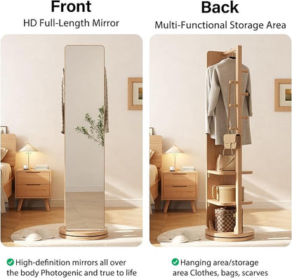 WoodsWhisper Full Length Mirror Coat Rack Solid Wood Floor Mirror 70"x16" Full Length Mirror with Stand Long Mirrors for Bedroom,Living Room (Natural, 70" L x 16" W)