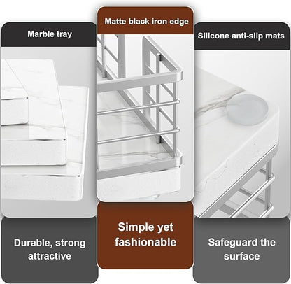 Wican Marble Guest Towel Holder Tray for Bathroom, Napkins Holder for Powder Room Dinning Table Wooden Basket for Disposable Paper Hand Towels Silvery and Marble White