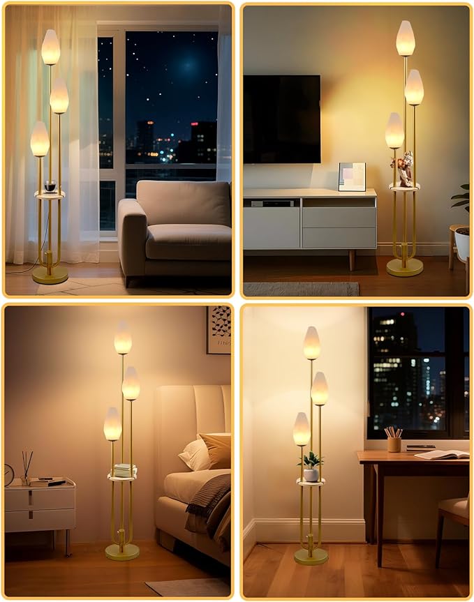 Gold Floor Lamp with Tray, 3-Lights Dimmable Floor Lamps with Rock-Shaped Shade, Unique Candle Holder Style Modern Tall Standing Lamp with 5Lbs Heavy Base for Living Room/Party(Bulbs Included)