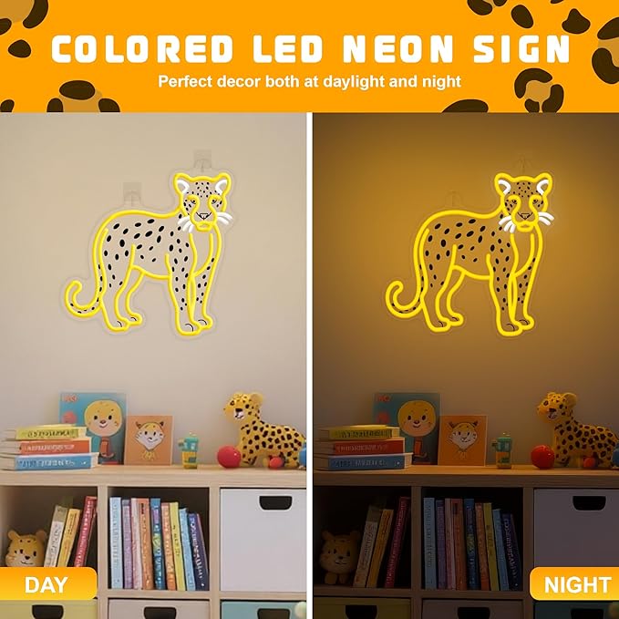 OkiyiD Cheetah Neon Sign, Cheetah Wall Art Decor Gifts with USB Power Wild Animal Themed Decor for Bedroom, Office, Game Room and Bar, Creates Vibrant Jungle Safari Ambient Lighting