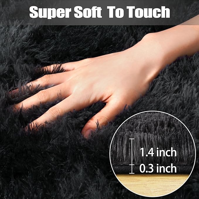 qulint 4x6 Area Rug for Bedroom, Fluffy Soft Shag Rugs for Living Room Small Fuzzy Black Grey Alfombras for Nursery, Plush Shaggy Carpet for Boy and Girl Home Decor (4ft x 6ft, Tie-Dyed Black Gray)