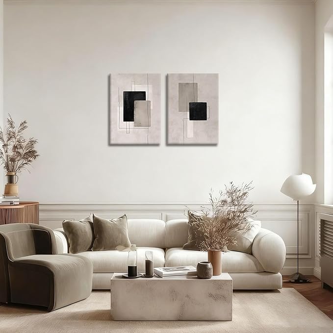 Kdyudo 2 Pcs Large Minimalist Block Line Canvas Framed Wall Art Neutral Abstract Print Poster Wall Decor Black Beige And Brown Geometric Square Line Painting Pictures Living Room Bedroom 12x16 Inch