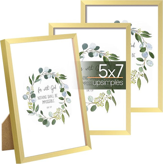 upsimples 5x7 Picture Frame Set of 3, Made of High Definition Glass for 5 x 7 Gold Frames, Wall and Tabletop Display Thin Border Photo Frame for Home Décor