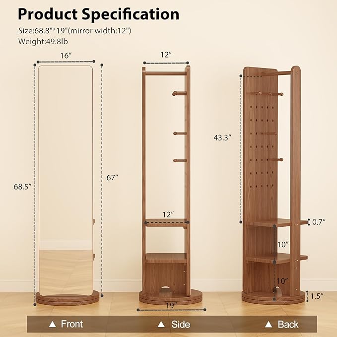 WoodsWhisper Full Length Mirror Coat Rack Solid Wood Floor Mirror 66"x12" Full Length Mirror with Stand Long Mirrors for Bedroom,Living Room (Walnut Brown, 70" L x 16" W)