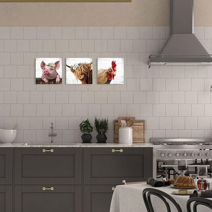 Farm Animal Farmhouse Wall Art: Highland Cow Rooster Pig Head Picture for Kitchen, 3 Piece Rustic Farmhouse Decor Vintage Canvas Print Living Room Home Decoration