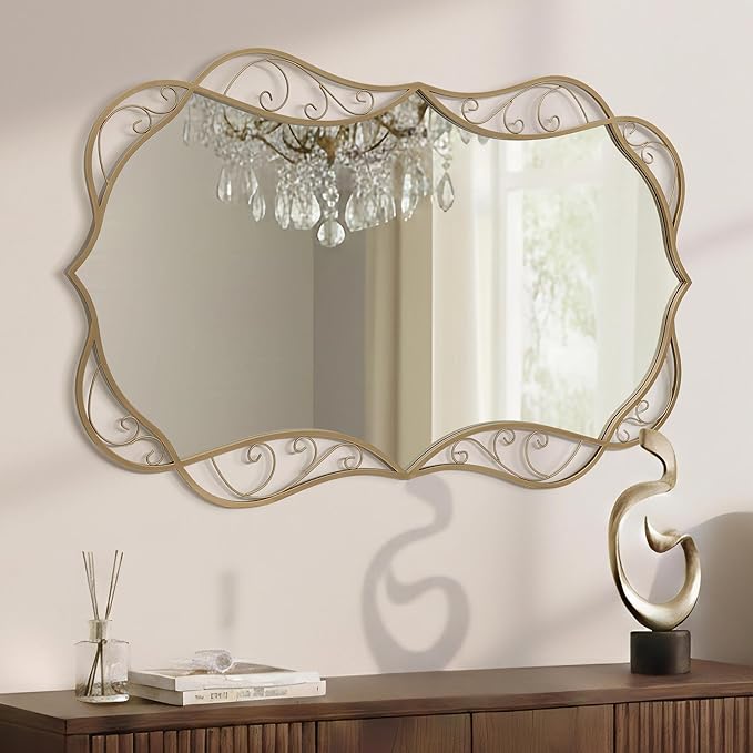 Besdomus Bathroom Gold Large Mirror: 30"x48" Scalloped Modern Brass Gold Wall Mounted Mirror - Farmhouse Vanity Mirror Vertical or Horizontal Hanging - Home Decor for Entryway/Fireplace/Bathroom