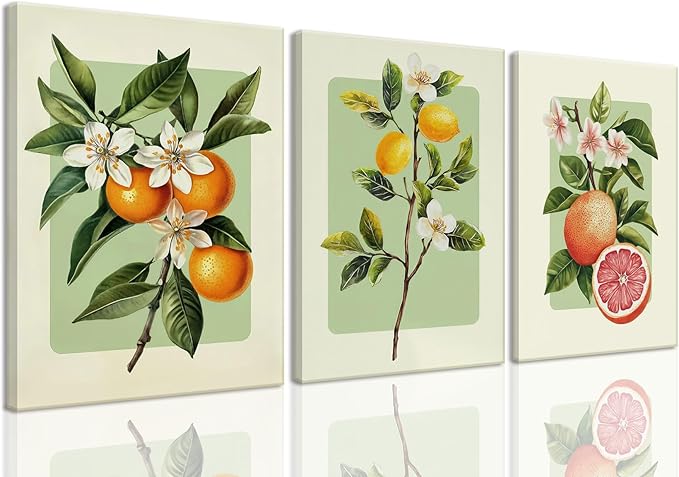 LHHJDIO 3 Piece Vintage Fruit Canvas Wall Art Trendy Kitchen Wall Art Boho Orange Lemon Grapefruit Pictures Wall Decor Citrus Botanical Art Prints for Dining Room Living Room 16"x24"