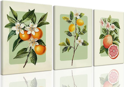 LHHJDIO 3 Piece Vintage Fruit Canvas Wall Art Trendy Kitchen Wall Art Boho Orange Lemon Grapefruit Pictures Wall Decor Citrus Botanical Art Prints for Dining Room Living Room 16"x24"