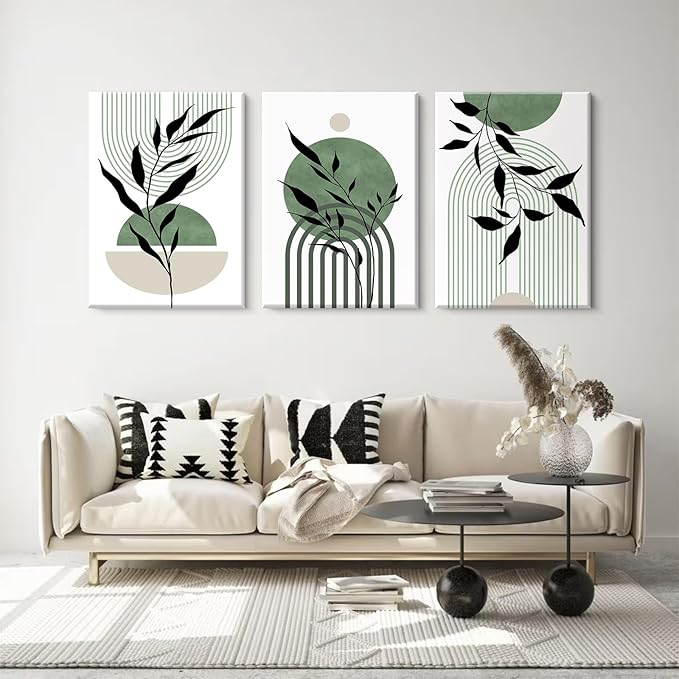 Mid Century Modern Wall Art Set of 3 Sage Green Canvas Wall Art Boho Prints Green Wall Decor Black Beige Abstract Wall Art Picture Mid Century Painting for Home Bedroom 16x24 Inch Wrapped Canvas