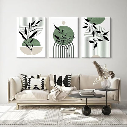 Mid Century Modern Wall Art Set of 3 Sage Green Canvas Wall Art Boho Prints Green Wall Decor Black Beige Abstract Wall Art Picture Mid Century Painting for Home Bedroom 16x24 Inch Wrapped Canvas