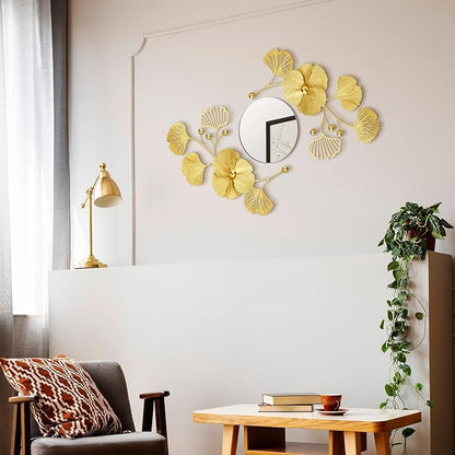 Tandefio 3 Pcs Metal Decorative Wall Mirrors for Living Room Metal Ginkgo Leaf Mirror Modern Creative Wall Decor Art Hanging Decor Mirror for Entrance Bedroom Living Room(Gold,16.inches)