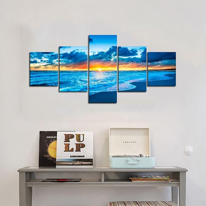 Yatsen Bridge Blue Beach Ocean Sunrise Modern Landscape Seascape Painting on Canvas 5 Piece Pictures Wall Art for Living Room Home Decor Wooden Framed Stretched Ready to Hang (50''W x 24''H)