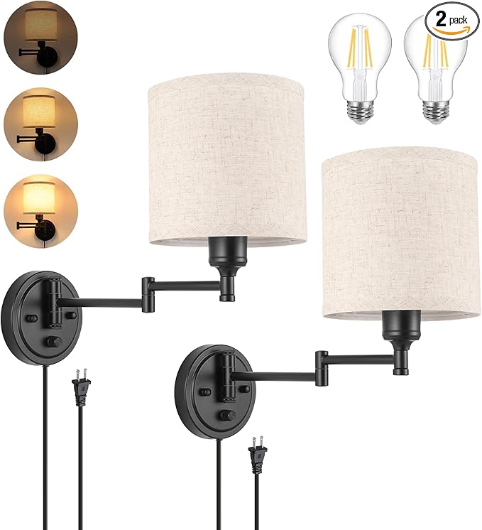 GOODATE ENCOMLI Dimmable Plug in Wall Sconces, Swing Arm Wall Lamp, Wall Sconces Set of Two, Plug in Wall Light, Sconces Wall Decor Set of 2, Linen Fabric Shade, 2pcs Bulbs Included