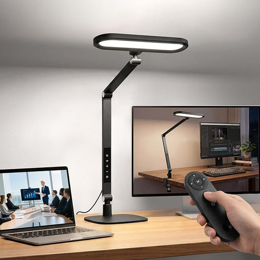 LIONVISON LED Desk Lamp for Home Office: Eye-Caring Clamp & Stand Double Side Desk Light with Remote & Memory - Stepless Dimming & Color Adjustable Table Lamps for Zoom Study Video Conference