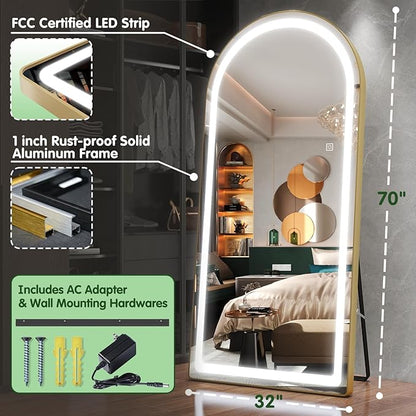 FENNIO Full Length Mirror with Lights, 70"x32" LED Full Body, Free Standing Lighted Floor Mirror, Wall Mounted Hanging Mirror for Bedroom, Salon, 3-Color Lighting, Tempered Glass
