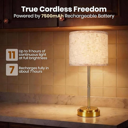 AWOKE 17.7" Large Cordless Table Lamp, 7500mAh Rechargeable Battery Operated Nightstand Light, Stepless Dimmable 3000K Fabric Shade Desk Lamp for Bedroom & Living Room