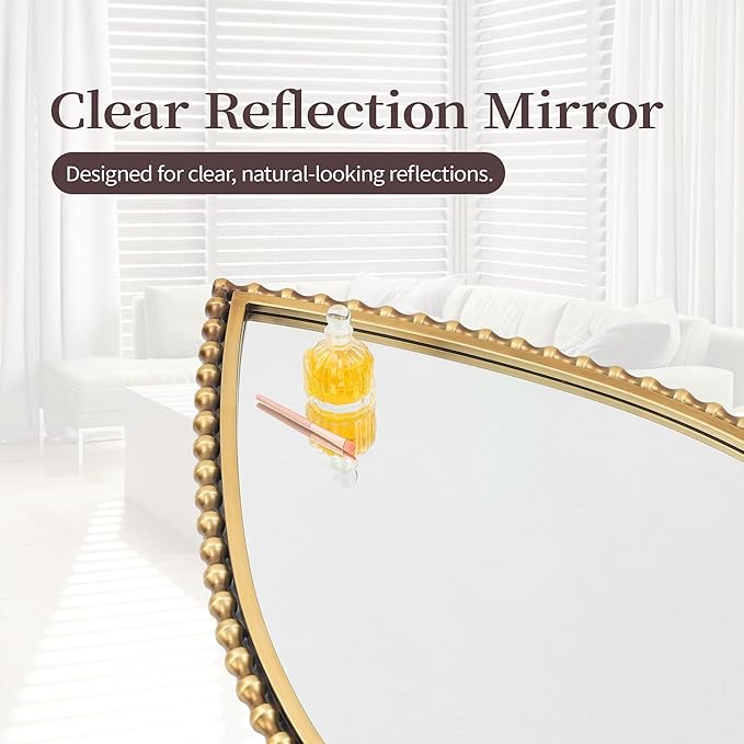 24x36 Inch Large Teardrop Wall Mirror with Bold Antique Gold Beaded Iron Metal Frame, Pointed Arch Vertical Vanity Mirror for Bathroom, Entryway, Bedroom, Living Room Wall Mounted