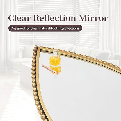 24x36 Inch Large Teardrop Wall Mirror with Bold Antique Gold Beaded Iron Metal Frame, Pointed Arch Vertical Vanity Mirror for Bathroom, Entryway, Bedroom, Living Room Wall Mounted