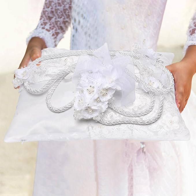 Nuestra Boda Wedding Kneeling Pillows Cover Set of 2, 16 x 16 Inch Embroidered Prayer Pillow for Kneeling, Satin and Lace White/Silver, Decoracion for Bodas