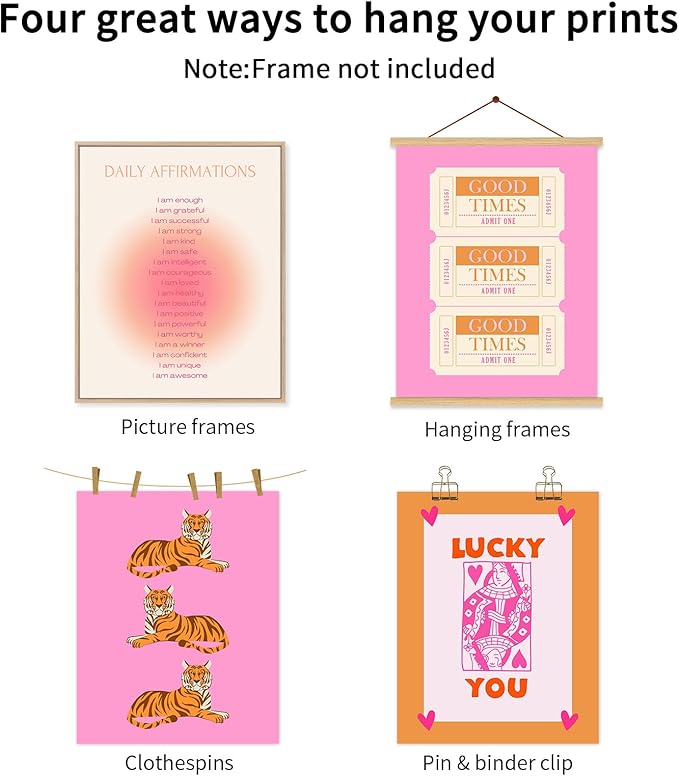 Preppy Wall Art Pink Orange Wall Decor Trendy Canvas Wall Art Aesthetic Pictures Girl Posters Inspirational Daily Affirmation Prints Lucky You Artwork Set of 6 for Dorm Room 12x16 Inch Unframed