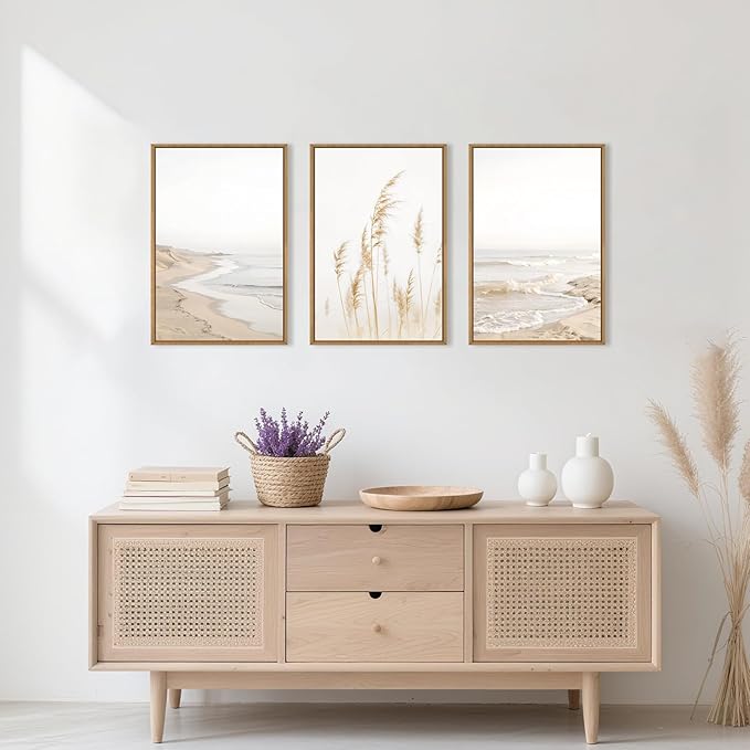 HPNIUB Modern Beach Waves Framed Wall Art Set,Seaside Reed Pathway Wall Decor,Minimalist Neutral Coastal Landscape Printing,Boho Seascape Nature Artwork for Living Room, Bedroom,Bathroom-16''x24''x3