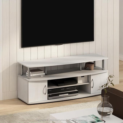 Furinno Jaya TV Stand, Entertainment Center, TV Console, for TV up to 55 Inch, with 2 Doors and Cable Management Holes, for Living Room, Bedroom, White Wood/Stainless Steel Tubes
