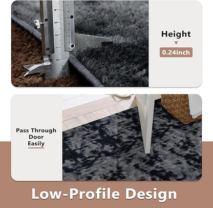 FinRèc 2x6 Washable Runner Rugs for Kitchen Hallway Bedroom, Low Pile Thin Ultra Soft Shag Rug, Non-Slip Carpet Indoor for Home Decor (Tie-dye Dark Grey)