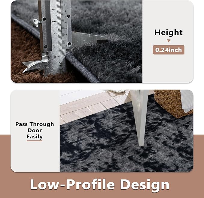 FinRèc 4x6 Washable Area Rugs for Bedroom Living Room, Low Pile Thin Ultra Soft Shag Rug, Non-Slip Carpet Indoor for Home Decor (Tie-dye Dark Grey)