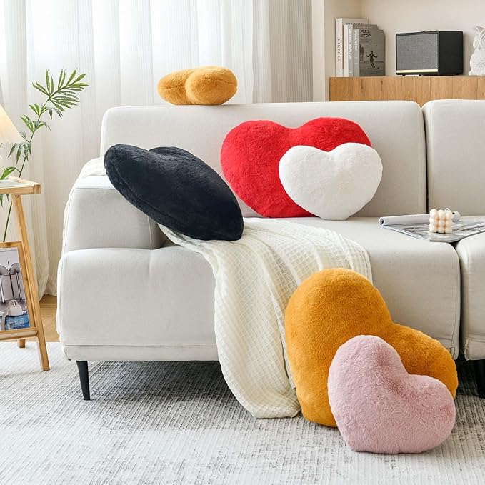 XVTRU Red Heart Pillows, Cute Heart Decorative Pillow, Heart Shaped Throw Pillows for Bed, Faux Rabbit Fur Plush Hoom Decor Pillow Cushion for Chair Sofa Living Room (Large-19.6"x15.7")