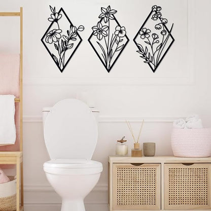 ShxTrade 3 Pcs Metal Flowers Wall Arts, Rustic Farmhouse Decor Minimalist Flower Wall Decors Natural Themed Home Decorations for Bathroom Kitchen Living Room Bedroom (Black)