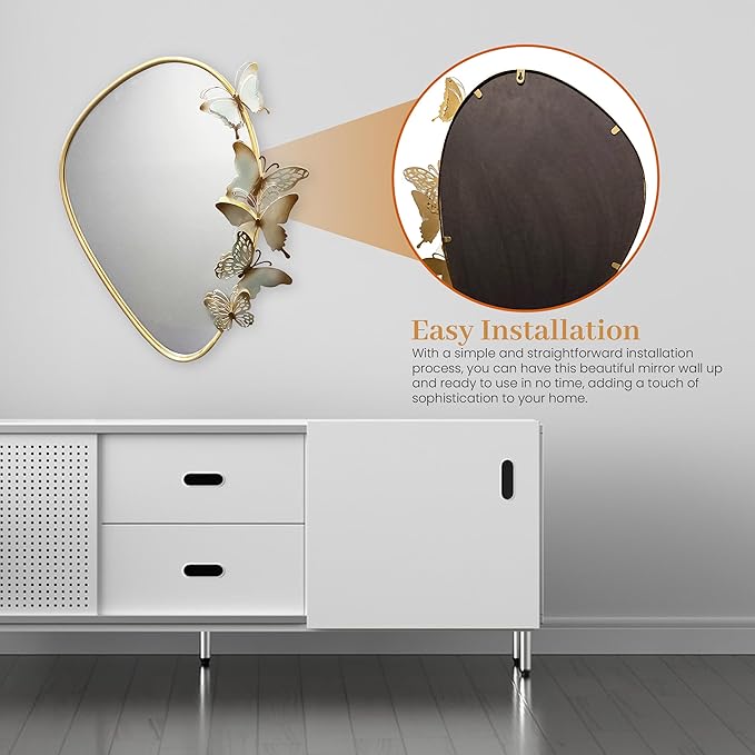 Decorative Wall Mirror with Butterfly Design, Gold Frame, Irregular Shape Perfect for Living Room, entryways, Bathroom, Home Decor