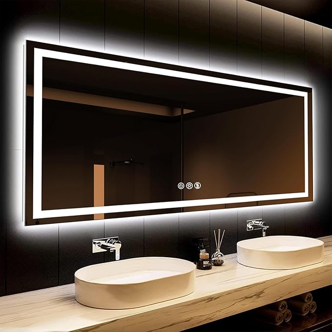 ROOMTEC 88"x38" LED Bathroom Mirror with Lights, Vanity Mirror with Front and Backlight, Smart Dimmable Anti-Fog LED Mirror for Bathroom, Memory Function, Tempered Glass (Horizontal)