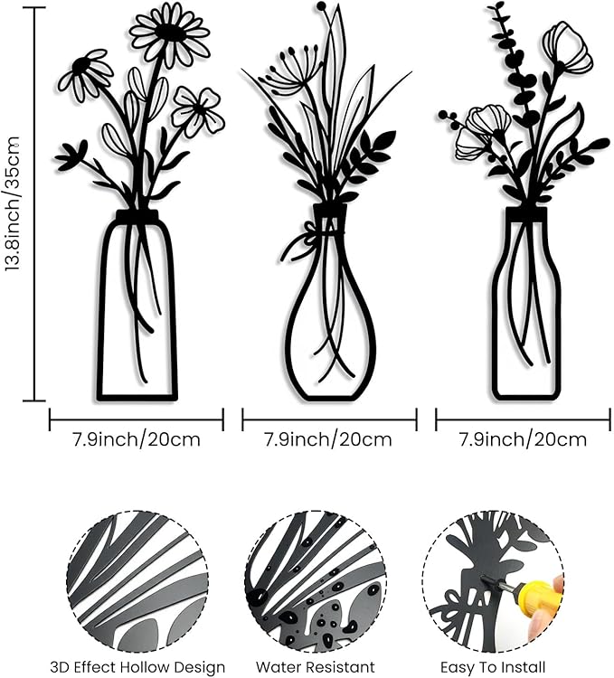 ZIYOGIFT 3 Pieces Black Metal Flowers Wall Art, Bathroom Kitchen Bedroom Wrought Iron Decor, Modern Sculpture Hanging for Living Laundry Dining Room Farmhouse Home Office Apartment, Housewarming Gifts