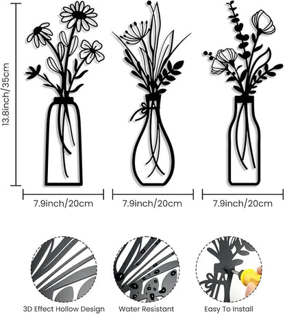 ZIYOGIFT 3 Pieces Black Metal Flowers Wall Art, Bathroom Kitchen Bedroom Wrought Iron Decor, Modern Sculpture Hanging for Living Laundry Dining Room Farmhouse Home Office Apartment, Housewarming Gifts