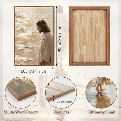 KAlRNE Jesus Walking On Water Wall Art Set of 3(24”X36”),Christian Bible Wall Decor,Neutral Spiritual Gold Framed Canvas Paintings,Lost Sheep Art Prints For Living Room Bedroom Church Office