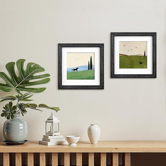 Egofine 8x8 Picture Frame Made of Solid Wood with Plexiglass, Display Pictures 4x4/6x6 with Mat or 8x8 Without Mat Set of 4 for Tabletop and Wall Mounting, Driftwood Black