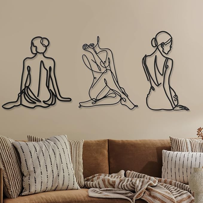 Photect 3 Pcs Metal Wall Art Decor Minimalist Abstract Woman Wall Art Metal Modern Line Drawing Decor Female Single Line Home Hanging for Bedroom Bathroom Living Room Housewarming(Vintage,Black)