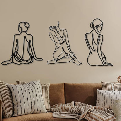 Photect 3 Pcs Metal Wall Art Decor Minimalist Abstract Woman Wall Art Metal Modern Line Drawing Decor Female Single Line Home Hanging for Bedroom Bathroom Living Room Housewarming(Vintage,Black)