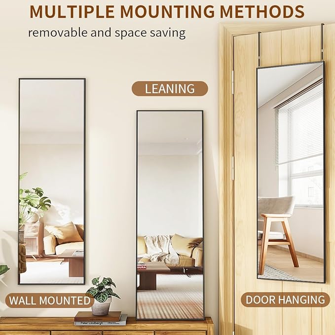 Door Mirror, Over The Door Full Length Mirror, 50"x16" Hanging Mirrors, for Bedroom, Living Room, Entryway, Dorm, Black