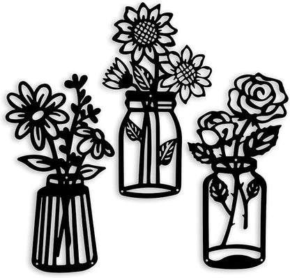 qzmaikoo 3 Pieces Sunflower Roses Daisy Black Metal Flowers Wall Decor Metal Vase Wall Art Metal Wall Sculptures Hanging for Indoor Kitchen Bathroom Bedroom Living Room,14.56x7.87 inches