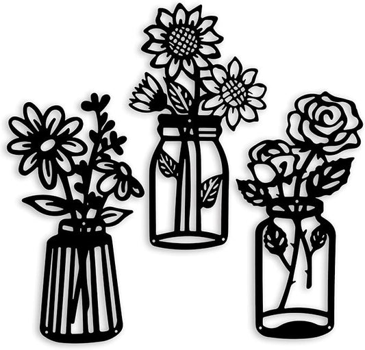 qzmaikoo 3 Pieces Sunflower Roses Daisy Black Metal Flowers Wall Decor Metal Vase Wall Art Metal Wall Sculptures Hanging for Indoor Kitchen Bathroom Bedroom Living Room,14.56x7.87 inches