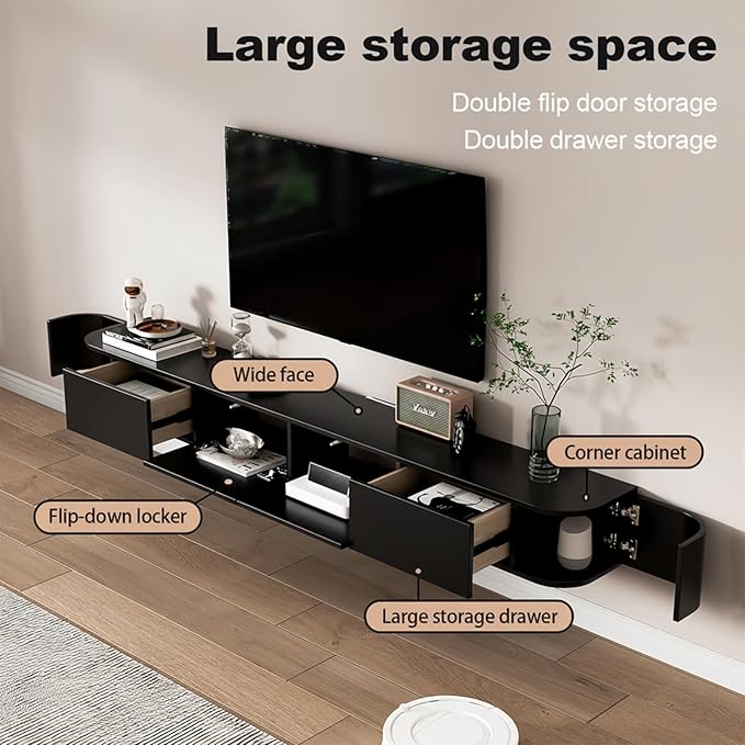 Floating TV Stand 79 Inch Wall Mounted TV Cabinet with LED Light Strip, TV Media Console with Flip-Down Door & Drawers for Living Room (Black, Light Strip 78.7")