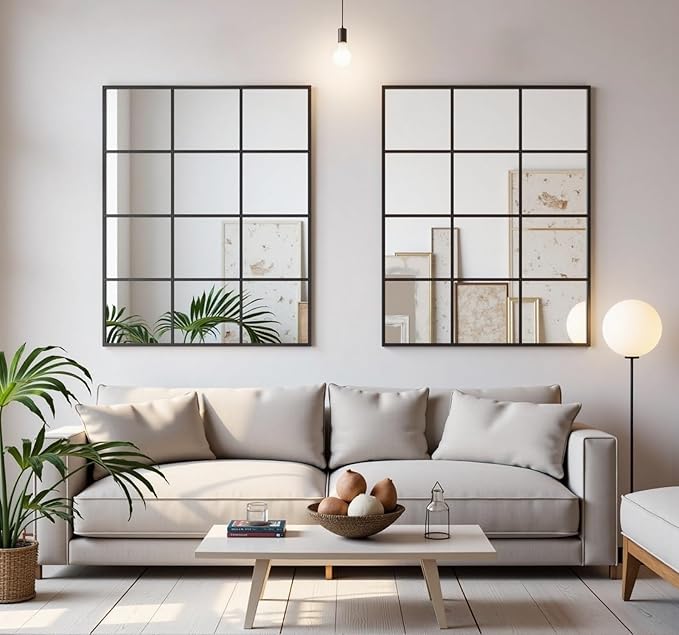Dewfig Rectangle Window Mirror Wall Mounted, 30"x47"in Window Pane Mirror Wall Decor Metal Framed, Large Black Mirrors for Bedroom Living Room Fireplace Entryway Hanging or Leaning Against Wall,Black
