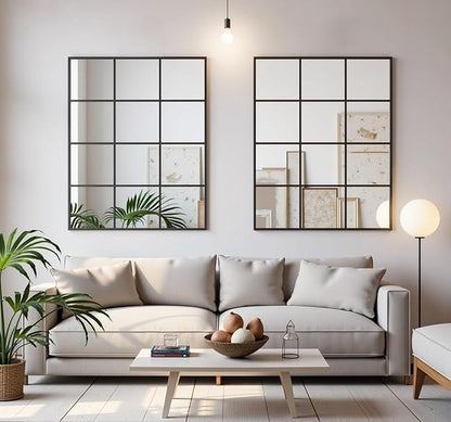 Dewfig Rectangle Window Mirror Wall Mounted, 30"x47"in Window Pane Mirror Wall Decor Metal Framed, Large Black Mirrors for Bedroom Living Room Fireplace Entryway Hanging or Leaning Against Wall,Black