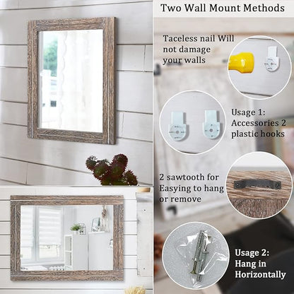AAZZKANG Mirror with Wood Framed Rectangle Rustic Wall Mirrors Decor Large 20"x16" for Bedroom Bathroom Living Room Entryway