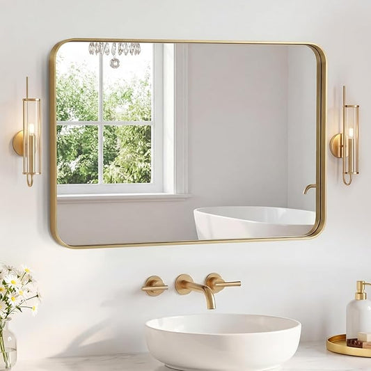 OLIXIS Bathroom Mirror for Over Sink, 30x40 Inch Wall Rounded Rectangle Mirror with Matte Metal Framed, Modern Wall Mount Vanity Mirror for Home Decor, Living Room, Bedroom, Gold