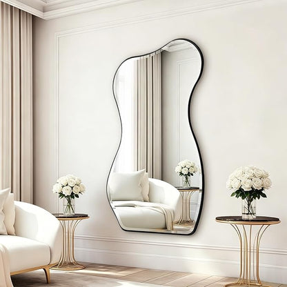 POZINO Irregular Beveled Mirror, 63"x32" Large Asymmetrical Wall Mirror with Metal Frame, Premium Organic Aesthetic Floor Mirrors for Living Room Cloakroom Hallway Entryway, Leaning/Wall-Mount