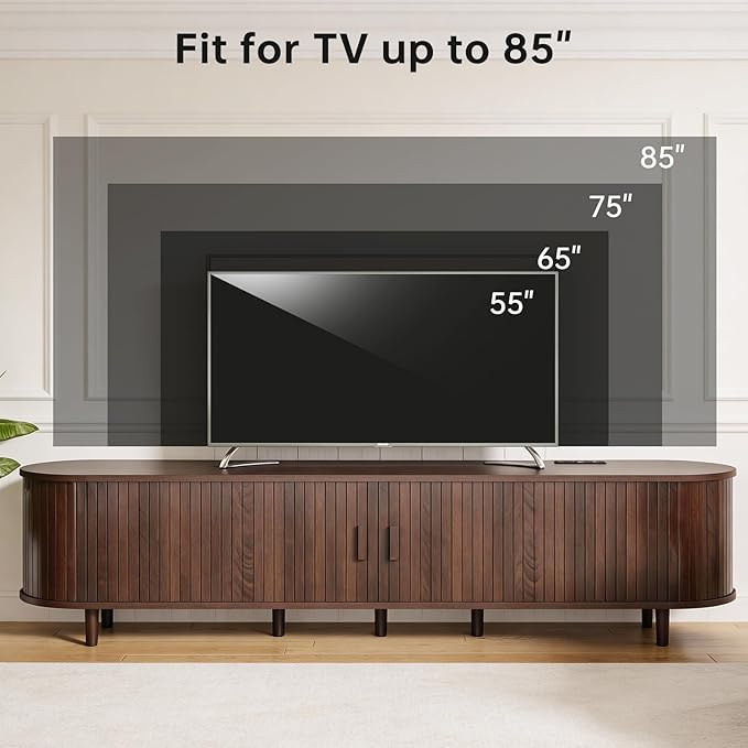 80" Mid Century Modern TV Stand, Wood TV Consoles with Sliding Doors and Power Outlet, Entertainment Center with Adjustable Shelves, Fluted TV Stands for Living Room, Walnut